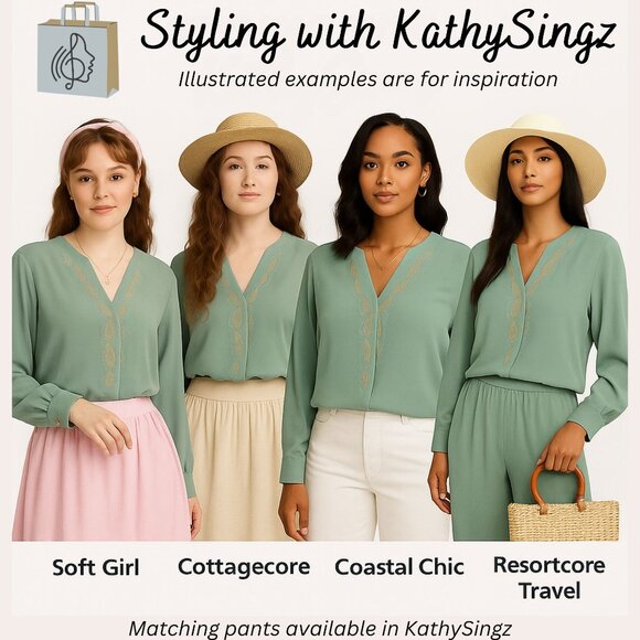 Vintage IB Diffusion Silk Blouse Beaded Embroidered Size 14 Dusty Teal Flowy - Picture 2 of 10